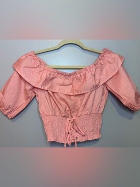 Off-the-Shoulder Pink Crop Top with Smocked Waist